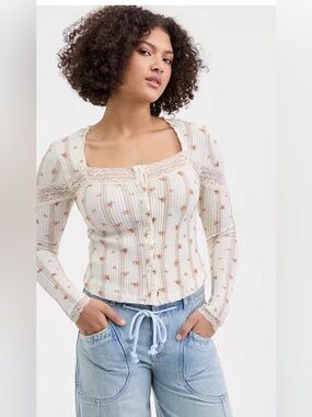 Free People Women's Lets Party Cardi-Print Square Neck Top, NWT Size Medium